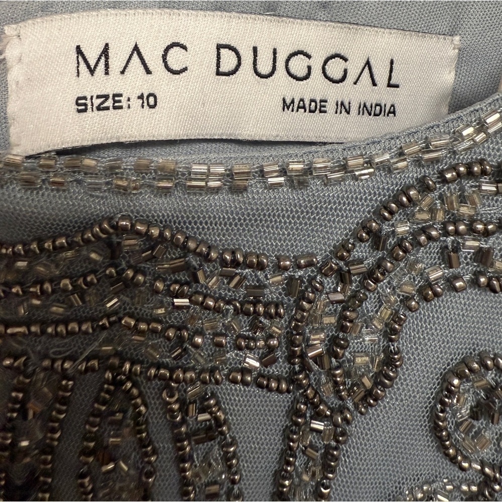 NWT |Mac Duggal A5434 Silver Short Sleeve Beaded A-line Tea Length Dress Size 10 - Picture 8 of 16